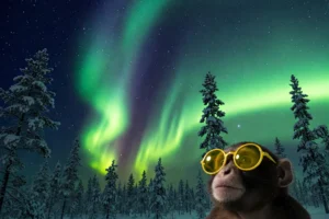Mono con gafas de sol amarillas posando bajo una aurora boreal en un paisaje nevado.