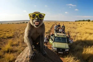 Mono con gafas de sol amarillas sonriendo frente a un grupo de turistas en un safari.